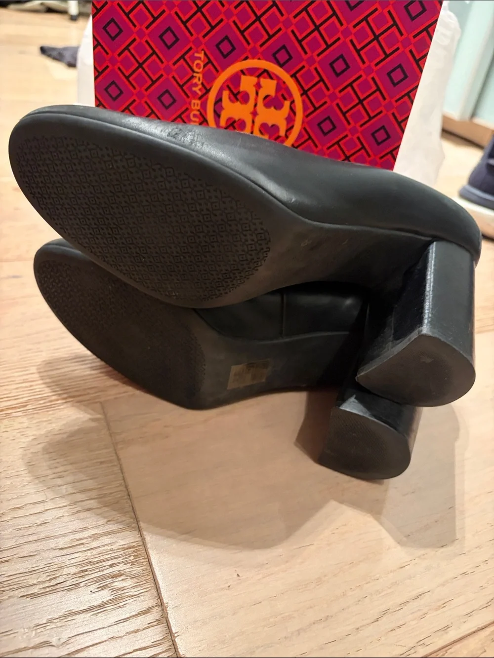 Tory Burch Black Leather Heels with Gold Logo Medallion
